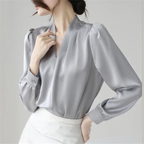 Women's Satin V-Neck Casual Shirts Long Sleeve Oversize Pullover Blouses Office Tops3