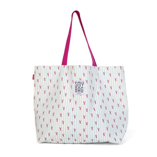 Ponette - Bolsa de Playa Familiar Estampada Cruda con Rayas Turquesas y Estampado de Langostas Moradas, Asas Moradass, Forro, Bolsillo, Playa, Piscina, Tote, Marca Española
