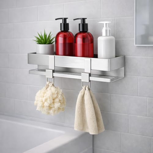 Estantería Baño SIN Tornillos + Dos Ganchos de Alta Resistencia - Organizador Ducha Adhesivo – Estante Pared Ducha SIN Taladro - sin Agujeros – Organizar y Decorar. Acero Inoxidable. Shower Caddy
