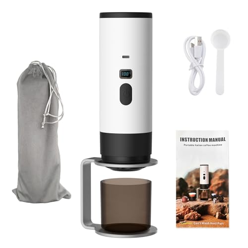 Mocoli Cafetera Espresso Eléctrica Portátil 3 en 1, Cafetera de Viaje para Camping 90ml Máquina de Café Expreso Eléctrica, Cafetera de Coche Autocalentable para Oficina Viaje Camping (Blanco+Soporte)
