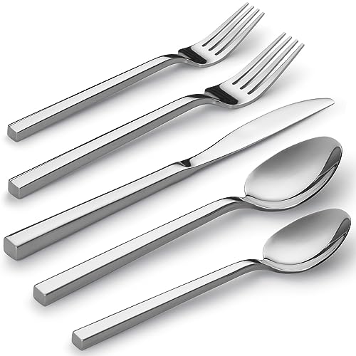 Alata Cube 20-Piece Forged Stainless Steel Flatware Set Cutlery Set,Silverware Set Service for 4,Mirror Finish,Dishwasher Safe