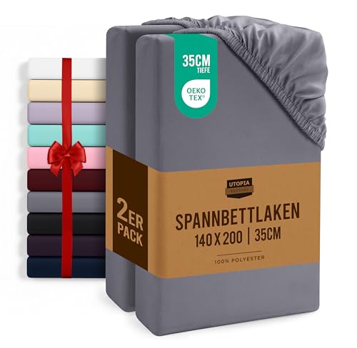 Utopia Bedding - 2er Set Spannbettlaken 140x200cm - Grau - Oeko-Tex Zertifiziertes - Gebürstete Mikrofaser Spannbetttuch - 35 cm Tiefe Tasche