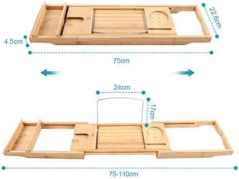 Bamboo Bathtub Caddy Tray Rack Shelf Extendable Spa Organizer Adjustable Bath Table with Folding Sides Natural Ecofriendly Wood Integrated Tablet Smartphone Wine Book Holders