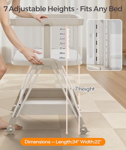 Image of Fodoss Baby Bassinets Bedside Sleeper - Bed Side Bassinet Newborn with Wheels, Storage Tray, 4-Sided Mesh, 7 Height Adjustable, Beige