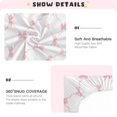 Image of Fitted Crib Sheets Trellis Bow Pink Checkered Stretchy Portable Playard Sheets for Baby Toddler, Breathable Soft Mini Crib Mattress 39 x 27 in for Boys and Girls
