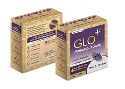 Glo + Handmade Soap Bars - Family Pack Of 4 Soap Bars With Exotic Flavors (Lump Charcoal + Damask Rose + French Lavender + Aloe Vera). Made With Organic Oils And Naturally Scented Handmade Soap Bars #TOP4