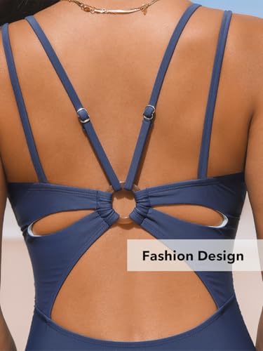 Image of CUPSHE Women's V Neck One Piece Cutout Tummy Control Swimsuit | Double Adjustable Straps,Back Cutout,O Ring,Soft Removable Cups,Flattering Bathing Suit For Vacation And Beach