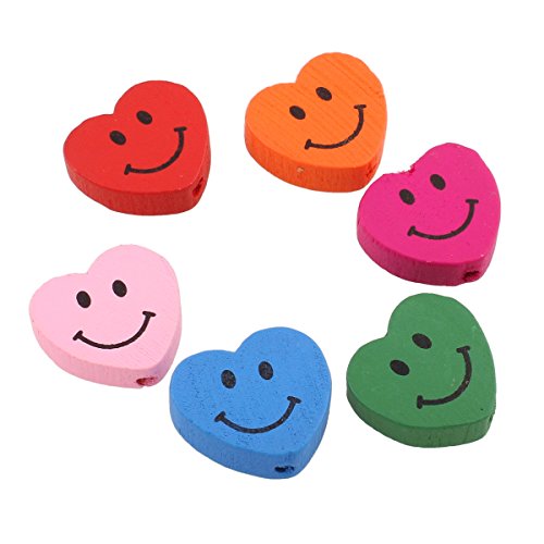 Wooden Beads for Threading 20 Pieces Motif Colourful Beads Set for DIY Bracelets Jewellery Necklaces Mixed Colour (Heart with Smiley Face 17 mm)