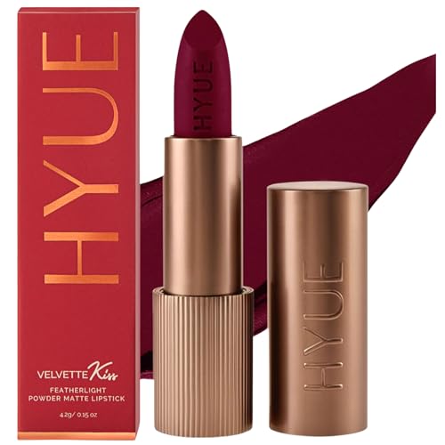 HYUE Velvette Kiss Matte Bullet Lipstick | Cherry Licious | Feather Light & Powder Finish | Long-Wear Intense Color | With Jojoba, Almond & Gooseberry | Smudge-Proof, Travel-Friendly, Precision Tip