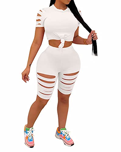 Annystore Women's 2 Piece Outfit Bodycon Cut Out Short Sleeves Crop Top and Shorts Tracksuit Set White Large