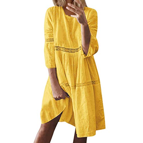 ORANDESIGNE Sommerkleid Damen Boho Kleider Casual A-Linie Rundhals 3/4-Arm T-Shirt Kleider Elegant Knielang Blumen Strand Kleider Lose Tunika Gelb XXL