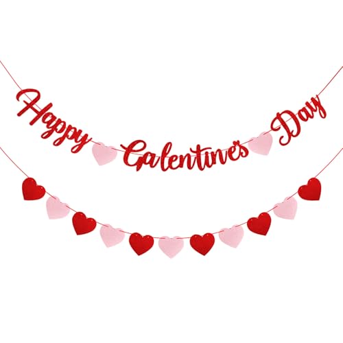 Red Glittery Happy Galentines Day Banner and Red Pink Glittery Heart Garland Banner Romantic Decorations No DIY Valentines Day Bunting Photo Props Girls Party Favors Ladies Galentines Theme Decor