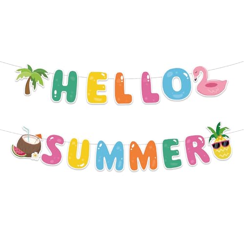Neyeidru Pre-Strung Hello Summer Banner for Summer Beach Party Decorations for Home Office Classroom
