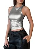 OYOANGLE Women's Metallic Ruched Round Neck Sleeveless Tank Top Y2K Slim Fitted Sports Casual Crop Tops Silver Large