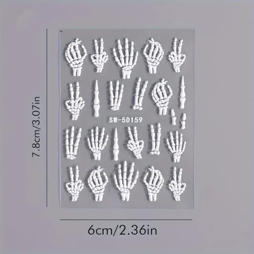 Halloween Skull Nail Art Stickers Skeleton Bones Nail Art Decals 3 Sheets 5D Embossed Finger Skull Nail Stickers Self-Adhesive Hand Bones Nail Sliders Halloween DIY Manicure Supplies for Women Girls - Image 6