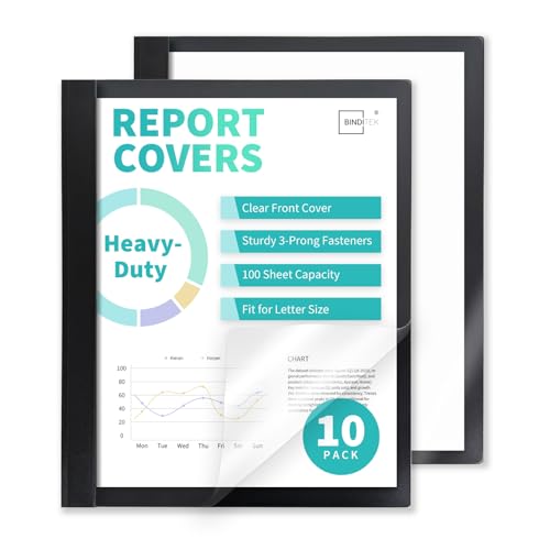 Binditek 10 Pack Heavy-Duty Clear Front Report Covers with 3 Prongs 100-Sheet Capacity Plastic Report Folder with Black Back Covers 3 Metal Prongs Fasteners for Letter Size Office Supplies
