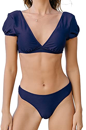 CUPSHE Women s Bikini Swimsuit V Neck Cap Sleeves Two Piece Bathing Suit L Navy