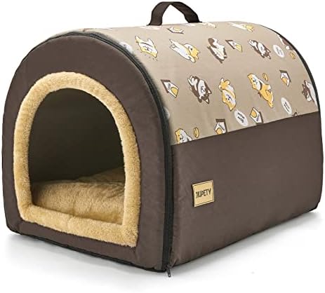 Jiupety Dog House Cozy, 2 in 1 Small Dog House, L Size for Small Medium Dog, Comfy Cave Portable House for Dogs, Brown