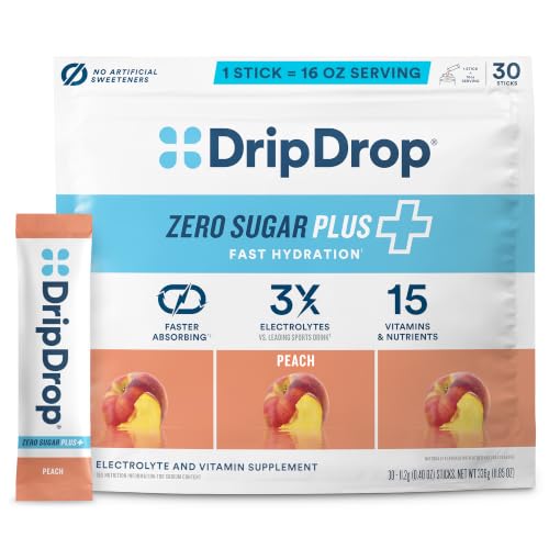Image of DripDrop Hydration Zero Sugar Electrolyte Packets, Peach, 30 Ct | Sugar Free, Single Serve Powder Drink Mix; 3X Electrolytes, 15 Vitamins & Nutrients; No Artificial Sweeteners, Low Calorie