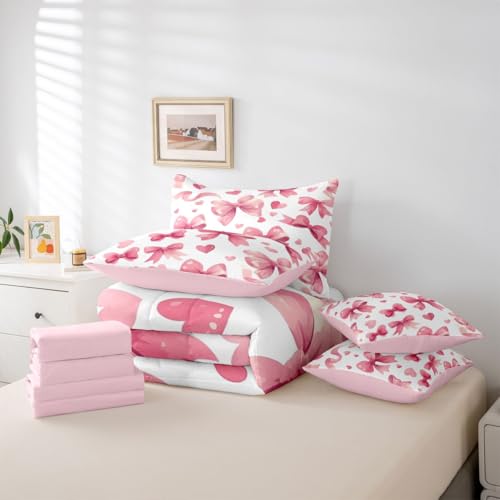 Image of Pink Bow King Size Comforter Set with Sheets | Watercolor Bow 7 Piece Bedding Set Dreamy Princess Bowknot Bed in a Bag, Cute Love Hearts Room Decor,Light Pink Room Decor Aesthetic