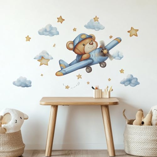 Image of Cute Bear Pilot Airplane Wall Stickers for Kids Nursery - Removable Peel and Stick Decals with Stars and Clouds - Watercolor Vinyl Decor for Baby Room Bedroom - Safe Non-Toxic Gift
