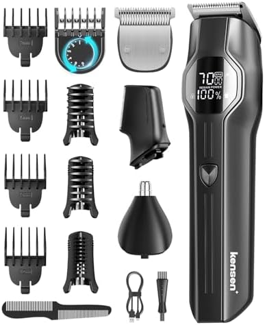 Kensen Multigroomer Herren, Barttrimmer & Körperhaartrimmer | 4-in-1 Grooming-Set mit T/U-Klinge, Nasenhaartrimmer, IPX7 Wasserdicht, 210 Min Laufzeit, Smart LED-Display