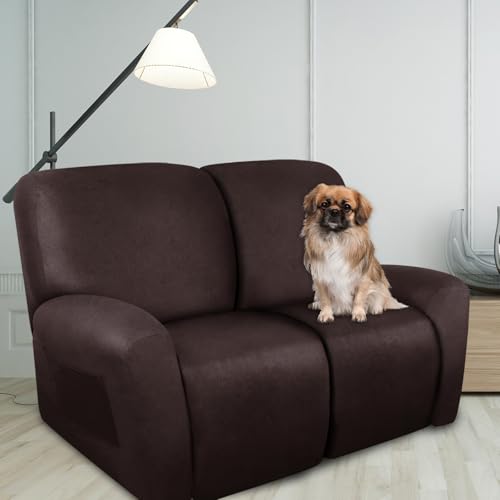 Image of ANARACHON Loveseat Recliner Cover Leather Look Recliner Loveseat Covers Recliner Sofa Cover for 2 Seater Reclining Couch Spandex Fabric Washable 6 Pieces (2 Seater, 01 Chocolate)