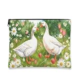 Neceser de Maquillaje Elegante, diseño Vintage de Patos Blancos y crisantemos, para Mujer, pequeño Neceser de Lona con Cremallera, Organizador de artículos de Aseo para Primavera, 18 x 23 cm.