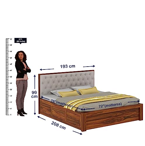 Image of Ganpati Arts Solid Sheesham Wood Decan King Size Bed with Hydraulic Storage and Upholstery Headboard (Natural Finish)
