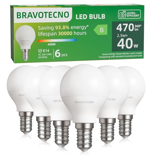 bravotecno Bombilla LED E14, Clase de Energía B, LED E14 Blanco Neutro 4000K, 2,5W 470LM G45, Equivalente a 40W, Ángulo de Haz de 360°, No Regulable, Poco calor y larga vida útil, 6 piezas