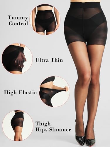 HONENNA Tummy Control Pantyhose for Women Control Top Sheer Tights Black Nylons Shaping Stockings 2 Pairs4