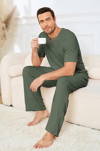 Image of JiniGolla Mens Pajamas Set Soft Short Sleeve Top and Pant Loungewear Sets 2 Piece Pjs with Pockets