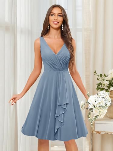 Women's Short Sleeve Bridesmaid Dresses for Wedding Ruffle Chiffon Short Wedding Guest Dresses4