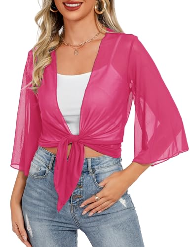 Image of Totatuit Women's Short Cardigan Bolero Sheer Shrug Tie Open Front Bell Sleeve Summer Cropped Bolero Cardigan