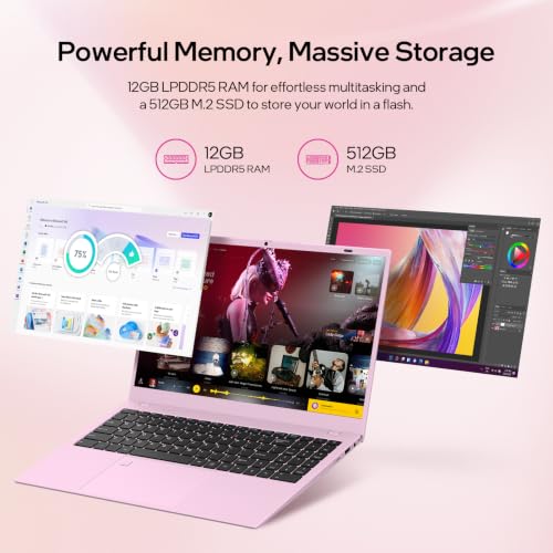 Image of Pink Laptop,15.6 Inch Laptop Computer,12GB RAM 512GB SSD,4-Cores N150 Processor(Beat to N95,N5095),Up to 3.6 GHz,Fingerprint, Backlit KB, WiFi6,BT5.2,Webcam,USB-C,Gifts for Women