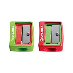 Puntenslijper – STABILO woody 3 in 1 puntenslijper – voor extra dikke stiften – 2 stuks – groen/rood, rood/groen