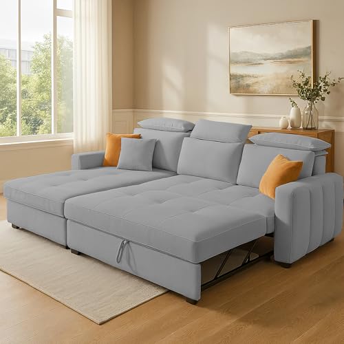 Image of Casaliving Gagnon LHS 4 Seater L Shape Corner Sofa Cum Bed for Living Room (Grey Fabric) Premium Fabric Sofa