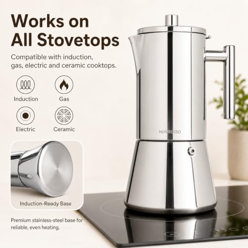 Image of Mixpresso 9 Cup Stainless Steel Moka Pot Stovetop Espresso Coffee Maker | Premium 304 stainless steel with induction-ready base, heat-resistant handle, safety valve and dishwasher-safe design
