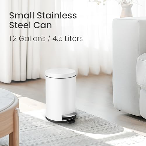 Image of Cesun 1.2 Gallons Small Trash Can with Lid, White Bathroom Garbage Can with Foot Pedal, Mini Round Wastebasket for Bathroom, Bedroom, Office, 4.5 Liters / 1.2 Gallons, White