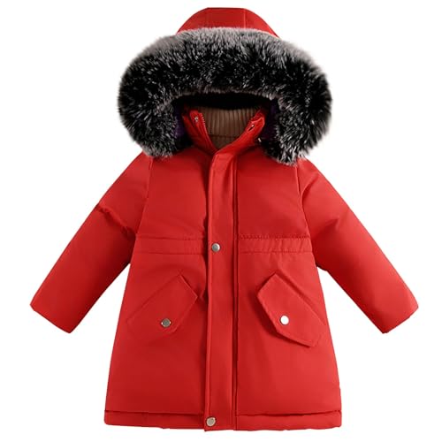 Chaqueta acolchada para niñas, abrigo de invierno con forro polar Sherpa para niños, longitud media, aislante, cálido, con capucha, abrigos largos, rosso, 5-6 años