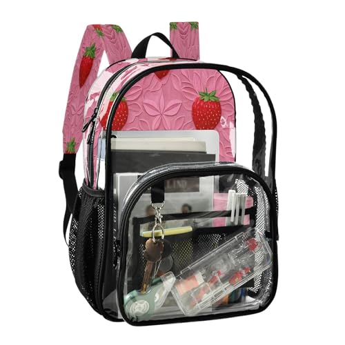 Bright Strawberry Clear Backpack - Stadium Approved Large 15.7-inch Waterproof Transparent Bag for Sports, Concerts, Work, Travel#4392