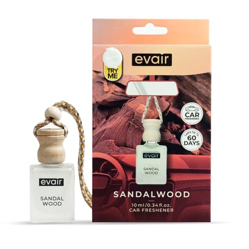 Image of Evair Car Air Freshener with Essential Oils Fragrance in Glass Bottle with Wooden Diffuser Lid | 10 ml - Pack of 1 (Sandalwood)