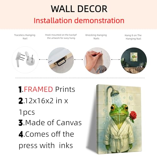 Image of Frimeeme Cute Shower Frog Framed Canvas Wall Art 12x16