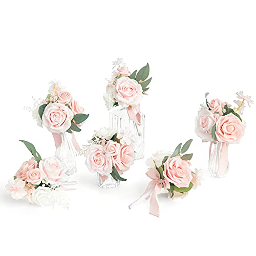 Ling's moment Blush Wedding Flowers Mini Bridesmaid Bouquets Set of 6 Dusty Pink Rose Pre-Made Small Floral Wedding Centerpieces (Blush)