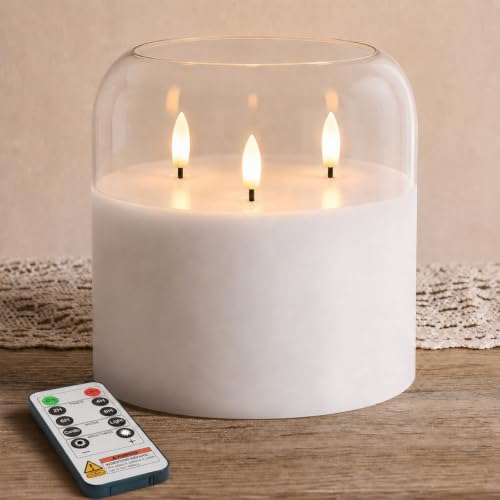 Image of Homemory 6 x 6 Inch Extra Large Flameless Candle, Clear Glass 3-Wick LED Pillar Candle, Pure White Real Wax Candle with Smooth Rounded Rim, Remote Control and Timer for Home Decor