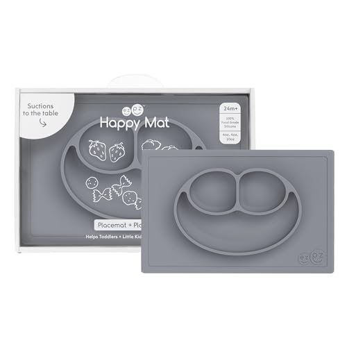 Image of ezpz Happy Mat (Gray) - 24 Months+ - 100% Silicone Suction Placemat + Divided Plate with Three Compartments - Toddler + Preschool Essentials