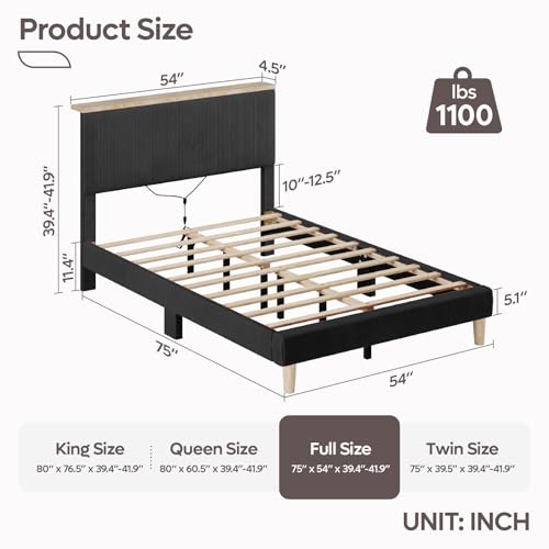 Image of Bestier Full Bed Frame with Adjustable Headboard & LED, Upholstered, Black