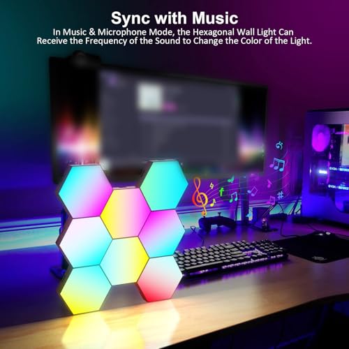 Image of Vcwtty Music Sync Hexagon Lights, Smart LED Wall Lights 10 Pack, 13 Colors Modular Assembled RGB Wall Panels, Hex Light with USB-Power for Autism, Game Room Decor, Party(10 Pack)