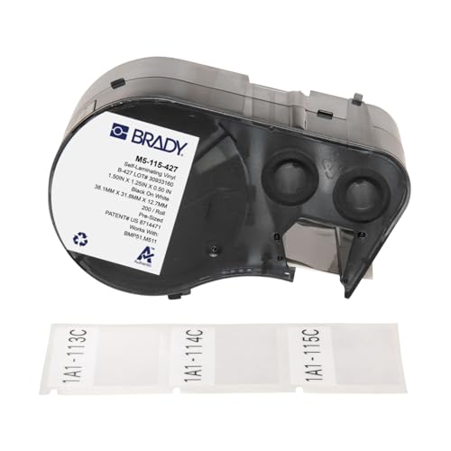 Brady Selbstlaminierendes Vinyl-Vorgefertigte Etiketten fĂĽr Etikettendrucker BMP51/BMP53/M511-200 Klebeetiketten - Schwarz auf WeiĂź, Transparent (38,10 mm (B) x 31,75 mm (H)) - M5-115-427