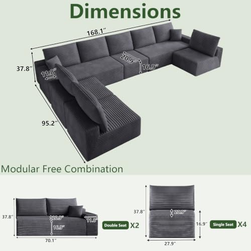 Image of Oversized Modular Sectional Sofa Couch,Large 8 Seater Corner Sofa Modern U Shaped Sectional Couch Cloud Couches for Living Room,Office,Spacious Space,Corduroy,No Assembly Required,Dark Grey